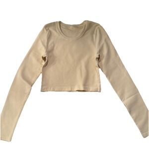 OQQ Small Women's Crop Top Long Sleeve Round Neck Fitted Top Cream NWOT